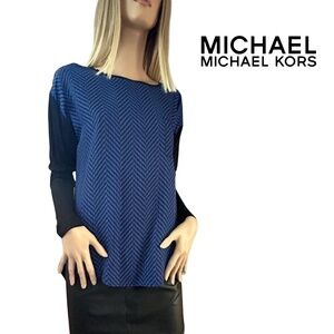 Michael Kors Rayon Blouse Shirt Hi LowTank Long Sleeve Cobalt Chevron Print NWOT